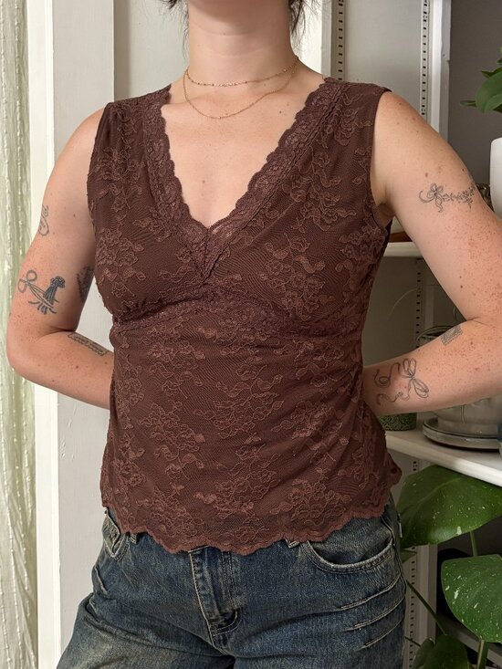 Worthington Tops - Vintage Brown Lace V-Neck Tank - PL
